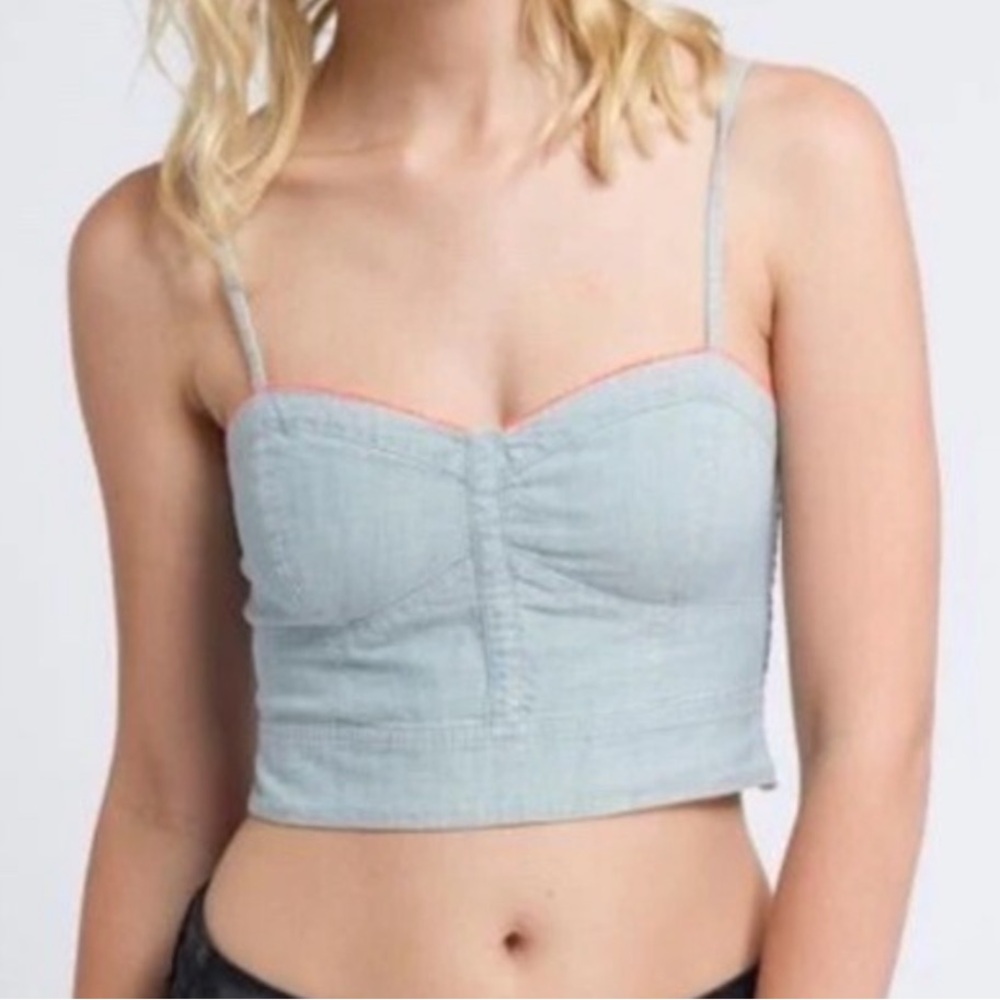 American Eagle Outfitters Chambray Sweetheart Neck Smocked Crop Top